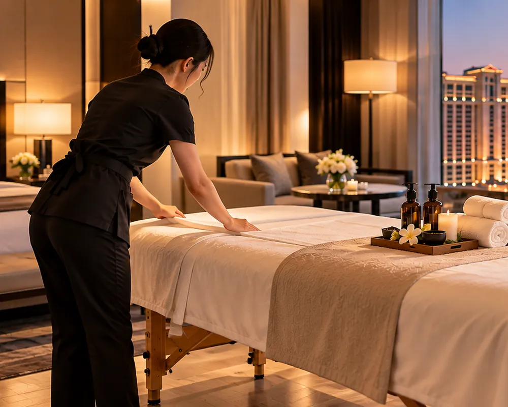 Therapist preparing a massage table in a Las Vegas hotel suite