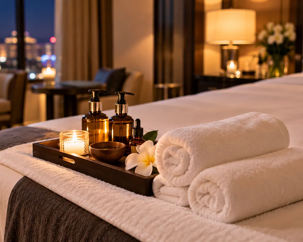 Rolled towels, massage oils and a candle on a wooden tray